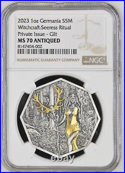 2023 Germania Witchcraft Seeress 1oz Silver Antique Coin Mintage 2000 NGC MS70