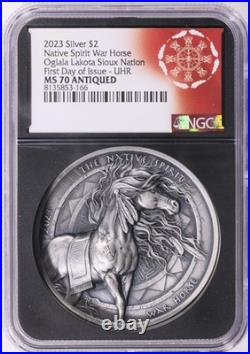 2023 Native Spirit War Horse 2oz Silver Oglala Lakota Sioux Nation UHR NGC MS70