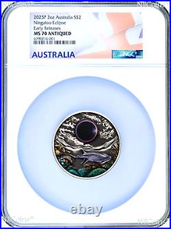 2023 Ningaloo Eclipse 2oz Silver Antiqued Colored Coin NGC MS70 ER Flag Label