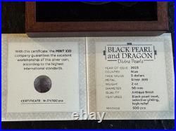 2023 Niue Black Pearl and Dragon Divine Pearls 2 oz Antique finish Silver Coin