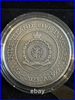 2023 Niue Black Pearl and Dragon Divine Pearls 2 oz Antique finish Silver Coin