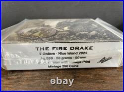 2023 Niue Chris Lovell Fire Drake Dragon 50g Silver Antiqued Coin New in Box