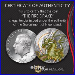 2023 Niue Chris Lovell Fire Drake Dragon 50g Silver Antiqued Coin New in Box