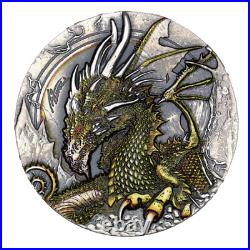 2023 Niue Chris Lovell Fire Drake Dragon 50g Silver Antiqued Coin New in Box