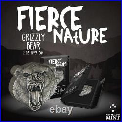 2023 Niue Fierce Nature Grizzly Bear 2 oz Silver Shaped Antiqued Coin