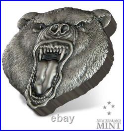 2023 Niue Fierce Nature Grizzly Bear 2oz. 999 Silver Antiqued Coin