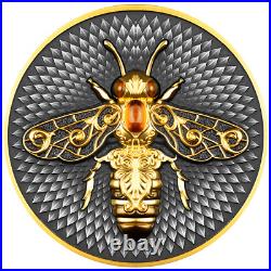 2023 Niue Industrious Bee 2 oz Silver Antiqued Coin with Amber Insert Minted 500