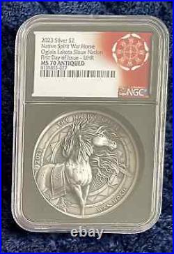 2023 Oglala Sioux $2 2-oz Silver Native War Horse. High Relief. Antique finish