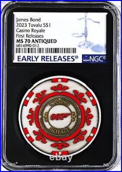 2023 Royal Casino CHIP Antiqued SILVER $1 1oz COIN NGC MS70 James Bond 007 BLACK