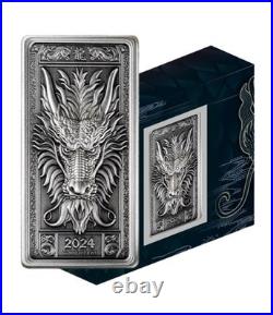 2024 1 Oz. 999 Silver Fiji Antiqued Dragon High Relief Bar 225/350 LOW-Mintage