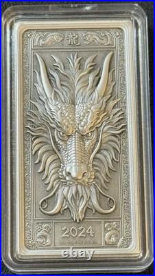 2024 1 Oz. 999 Silver Fiji Antiqued Dragon High Relief Bar 225/350 LOW-Mintage