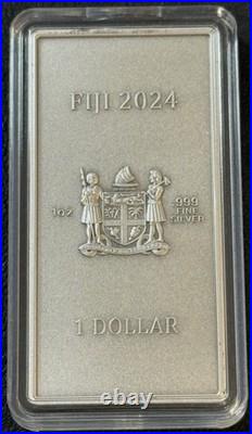 2024 1 Oz. 999 Silver Fiji Antiqued Dragon High Relief Bar 225/350 LOW-Mintage
