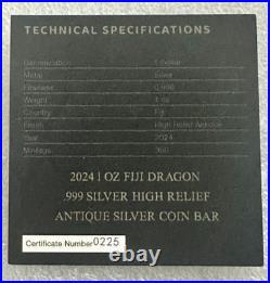 2024 1 Oz. 999 Silver Fiji Antiqued Dragon High Relief Bar 225/350 LOW-Mintage