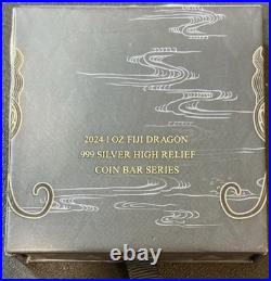 2024 1 Oz. 999 Silver Fiji Antiqued Dragon High Relief Bar 225/350 LOW-Mintage