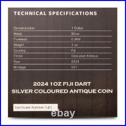 2024 1 oz Antique Colorized Fiji Silver Dart Coin (Box, CoA)