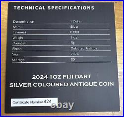 2024 1 oz Antique Colorized Fiji Silver Dart Coin with Box & COA