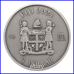 2024 1 oz Fiji Year of the Dragon. 999 3D Ultra High Relief Antique Silver Coin