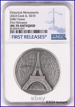 2024 $10 Cook Islands Eiffel Tower 2 oz Silver Antique NGC MS70 First Release