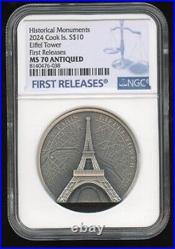 2024 $10 Cook Islands Eiffel Tower 2oz Silver Antique NGC MS70 First Release