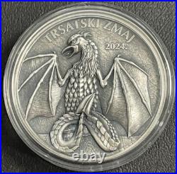 2024 2 Oz. 999 Silver Croatia Trsat Dragon Antiqued with Gold Gild Germania Coin