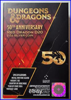 2024 2 oz Silver Coin Dungeons & Dragons 50th Anniversary Red Dragon D20 box/coa