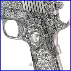 2024.45 CALIBER PISTOL HIGH RELIEF SILVER COIN 2 oz. 999 ANTIQUE FINISH