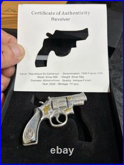 2024 58g 999 Silver Cameroon Mother of Pearl Revolver Shaped Coin Only 111 Made