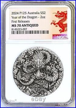 2024 Australia Antiqued LUNAR Year of the DRAGON 2oz $2 Silver Coin NGC MS70 FR