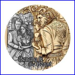 2024 Cameroon 2 oz Antiqued Silver & Gold Gilded Coin Beauty & The Beast HR