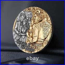 2024 Cameroon 2 oz Antiqued Silver & Gold Gilded Coin Beauty & The Beast HR