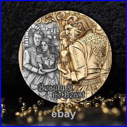 2024 Cameroon 2 oz Antiqued Silver & Gold Gilded Coin Beauty & The Beast HR