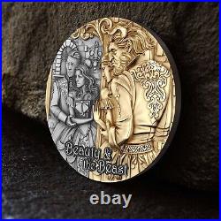 2024 Cameroon 2 oz Antiqued Silver & Gold Gilded Coin Beauty & The Beast HR