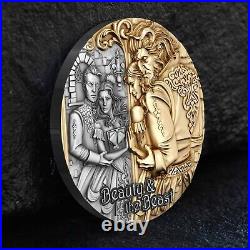 2024 Cameroon 2 oz Antiqued Silver & Gold Gilded Coin Beauty & The Beast HR