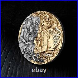 2024 Cameroon 2 oz Antiqued Silver & Gold Gilded Coin Beauty & The Beast HR