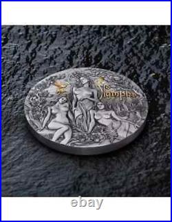 2024 Cameroon Nymphs 2 oz Silver Antiqued High Relief Gilded Coin Low Mintage