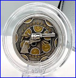 2024 Cameroon Peacemaker UHR Antiqued with Gold Gilding 1 oz Silver Coin Colt Gun