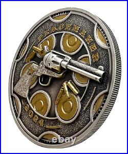 2024 Cameroon Peacemaker UHR Antiqued with Gold Gilding 1 oz Silver Coin Colt Gun