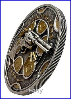 2024 Cameroon Peacemaker UHR Antiqued with Gold Gilding 1 oz Silver Coin Colt Gun