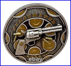 2024 Cameroon Peacemaker UHR Antiqued with Gold Gilding 1 oz Silver Coin Colt Gun