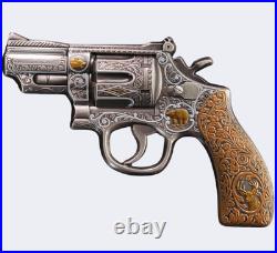 2024 Cameroon Revolver Gun 2 oz Silver Antiqued High Relief Shaped Coin