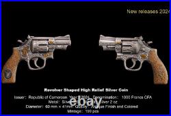 2024 Cameroon Revolver Gun 2 oz Silver Antiqued High Relief Shaped Coin