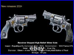 2024 Cameroon Revolver Mother of Pearl 58 Gram Silver Shaped Coin Mintage of 111