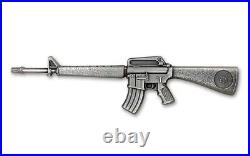 2024 Chad 10,000 Francs 2 oz Silver M16 Rifle Antiqued Coin with Mintage 1500