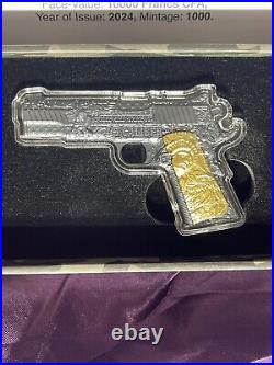 2024 Chad. 45 Caliber Pistol Gun Shaped Coin 2oz Silver ANTIQUED withGold Gilding