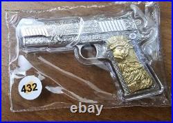 2024 Chad. 45 Caliber Pistol Gun Shaped Coin 2oz Silver ANTIQUED withGold Gilding