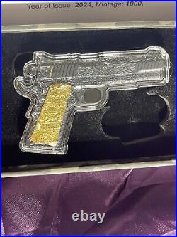 2024 Chad. 45 Caliber Pistol Gun Shaped Coin 2oz Silver ANTIQUED withGold Gilding