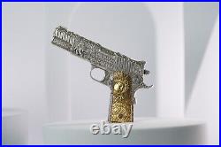 2024 Chad. 45 Caliber Pistol Gun Shaped Coin 2oz Silver ANTIQUED withGold Gilding