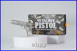 2024 Chad. 45 Caliber Pistol Gun Shaped Coin HR 2oz. 999 Silver ANTIQUED Box/COA