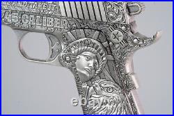 2024 Chad. 45 Caliber Pistol Gun Shaped Coin HR 2oz. 999 Silver ANTIQUED Box/COA