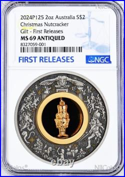 2024 Christmas NUTCRACKER 2oz Silver Gilt Insert Antiqued Coin MS69 FR